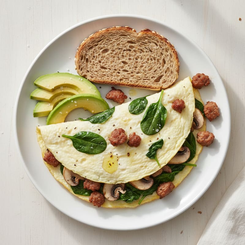 Egg White Spinach Omelette with Turkey Sausage and Sautéed Mushrooms