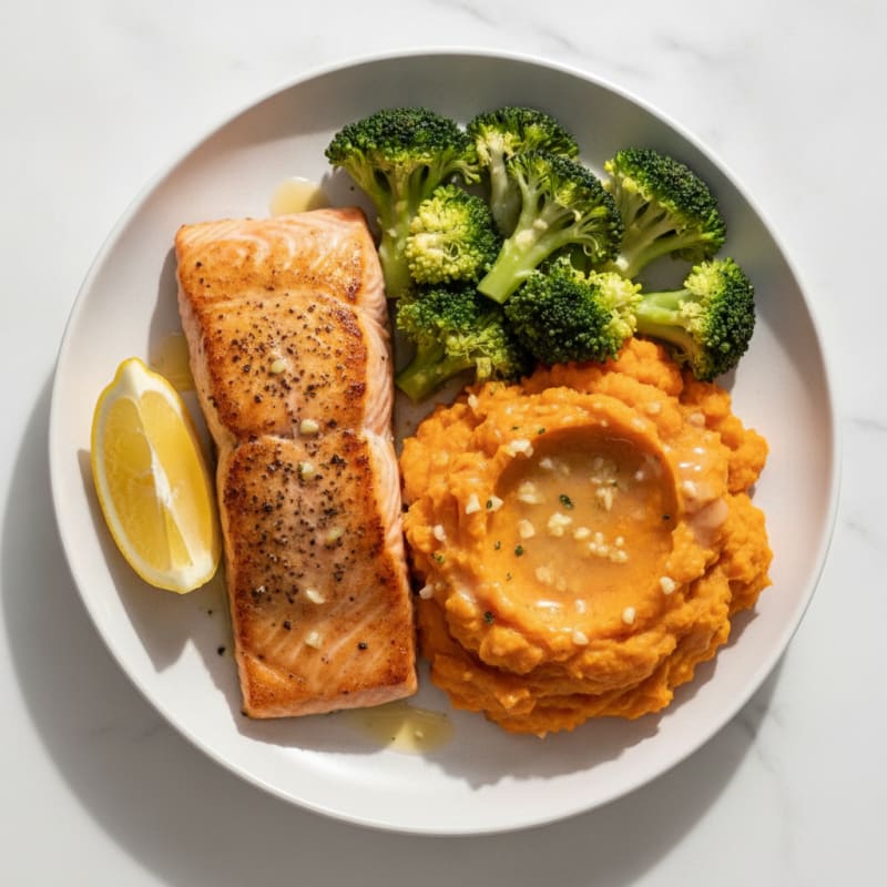 Seared Salmon with Steamed Broccoli and Garlic Mashed Sweet Potatoes