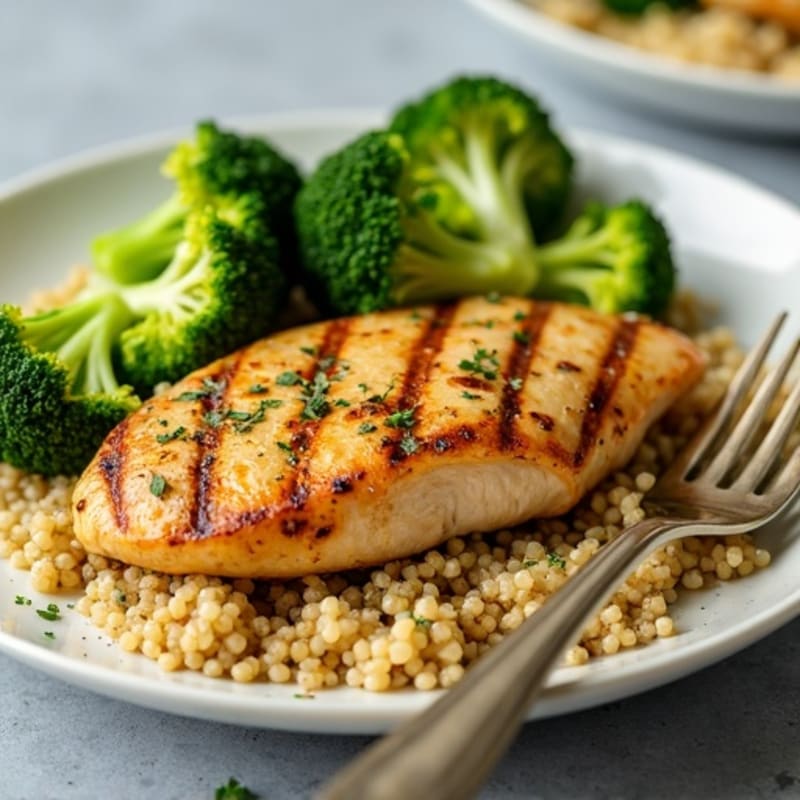 Grilled Lemon Herb Chicken Breast with Quinoa and Steamed Broccoli
