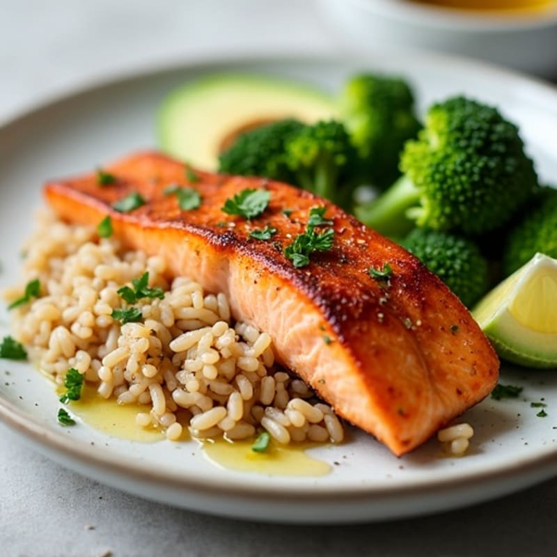 Seared Salmon with Steamed Broccoli and Brown Rice