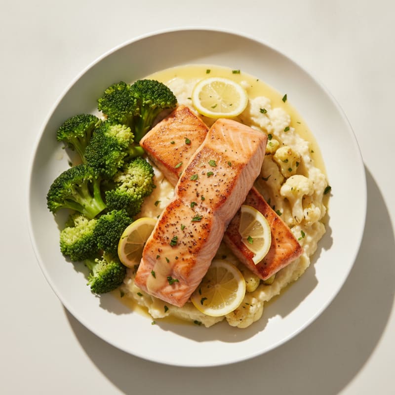Seared Salmon with Steamed Broccoli and Garlic Cauliflower Mash