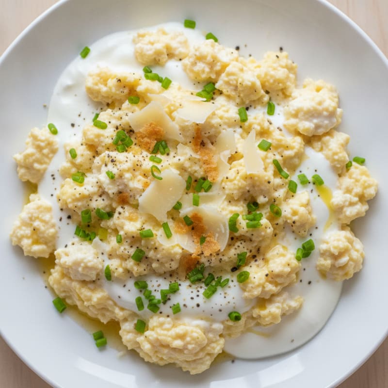 Cheesy Scrambled Eggs with Cottage Cheese and Greek Yogurt