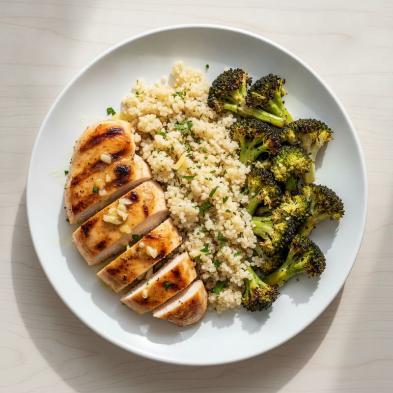 Grilled Lemon-Garlic Chicken Breast with Quinoa and Roasted Broccoli