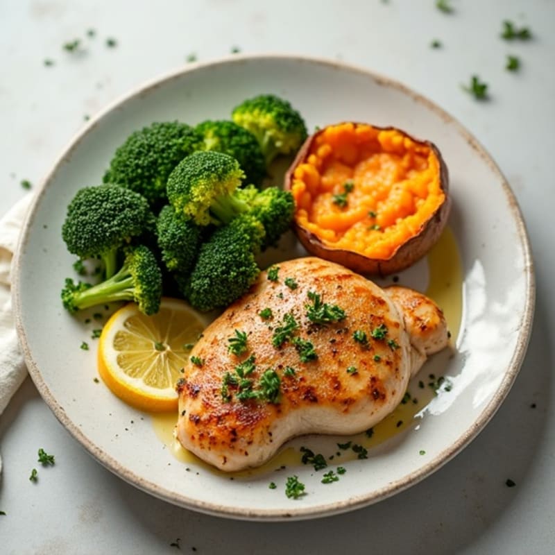 Lemon Herb Roasted Chicken with Crispy Broccoli and Sweet Potato
