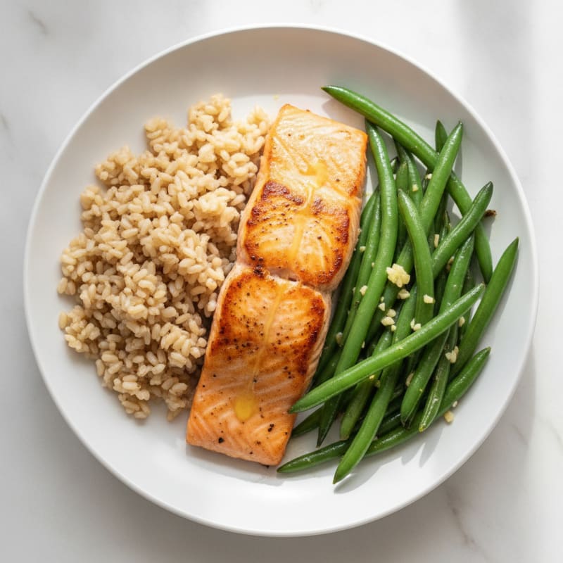 Pan-Seared Salmon with Garlic Green Beans and Brown Rice