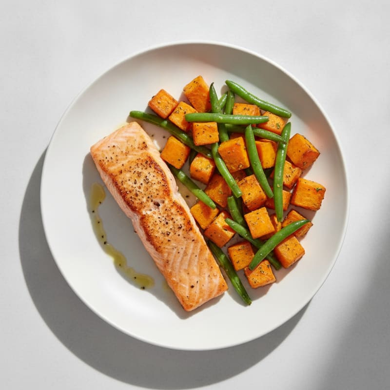 Seared Salmon Fillet with Roasted Sweet Potato and Green Beans