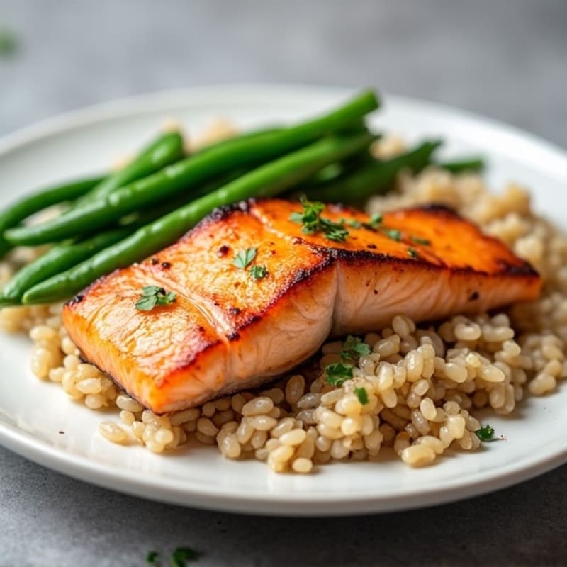 Seared Salmon with Steamed Green Beans and Brown Rice