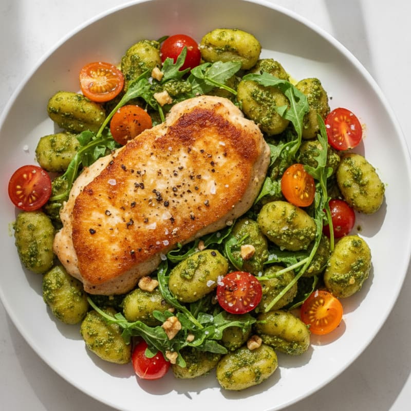 Gnocchi with Arugula Pesto and Cherry Tomatoes