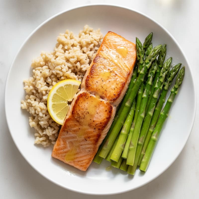 Seared Salmon with Steamed Asparagus and Brown Rice