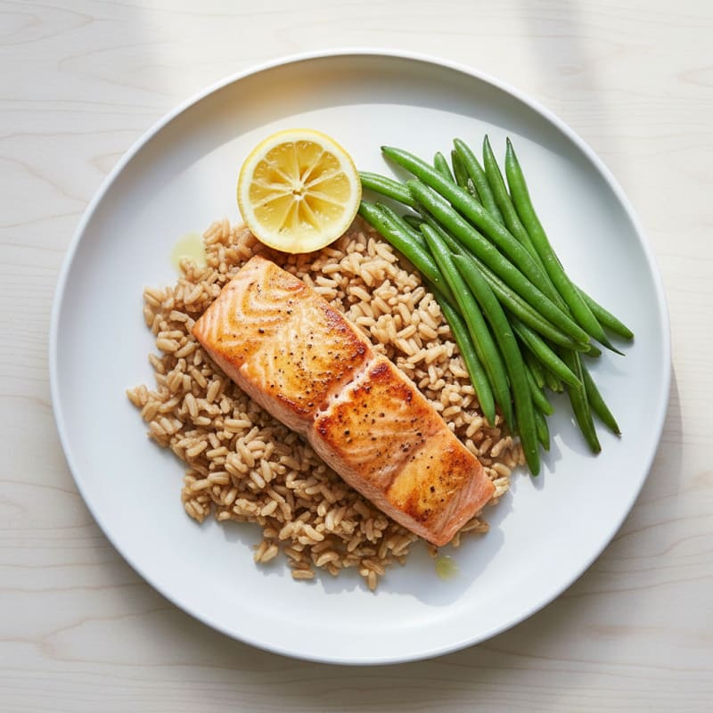 Seared Salmon with Steamed Green Beans and Brown Rice
