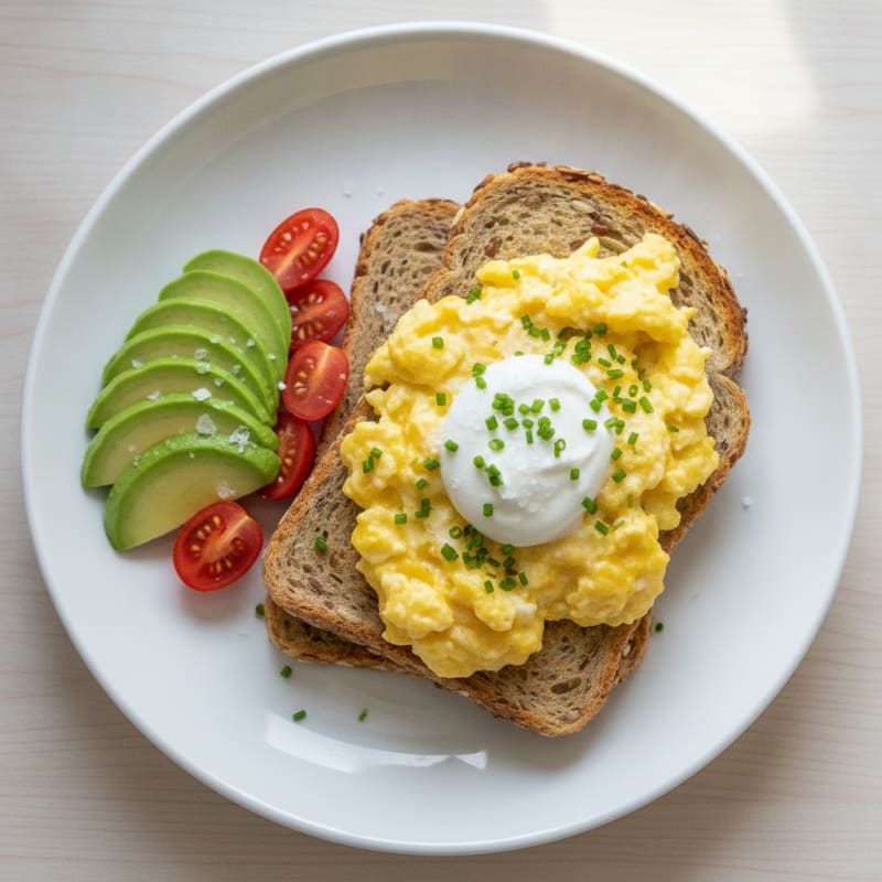 Scrambled Eggs with Avocado and Seed Bread Toast