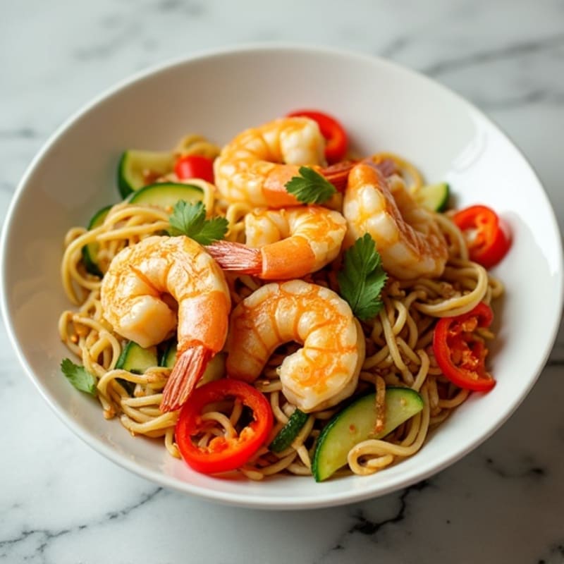Shrimp and Vegetable Noodle Stir-Fry with Peanut Lime Dressing