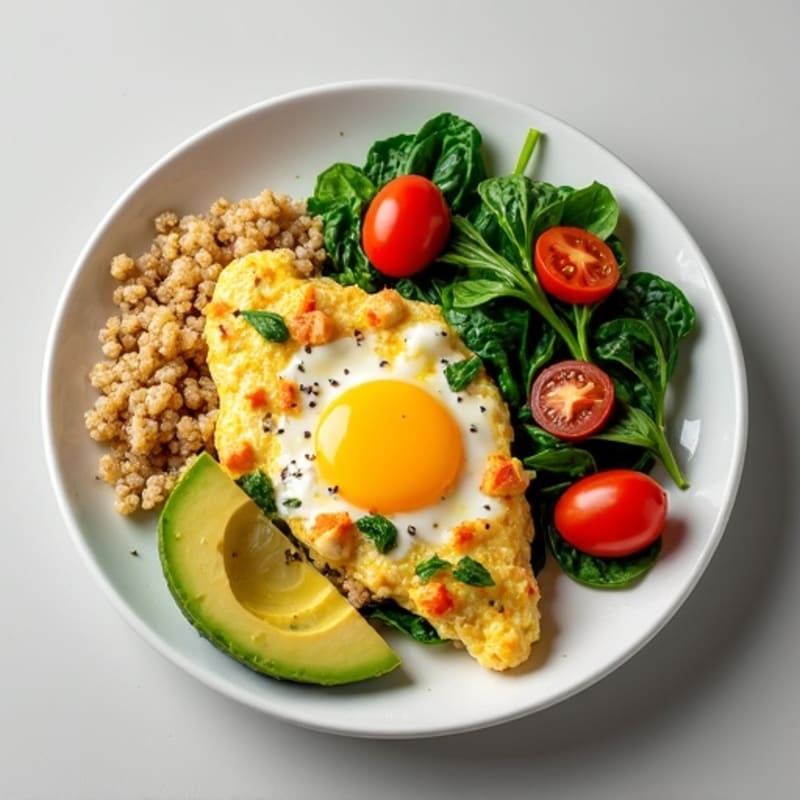 Chicken Egg White Scramble with Spinach, Cherry Tomatoes, Quinoa & Avocado