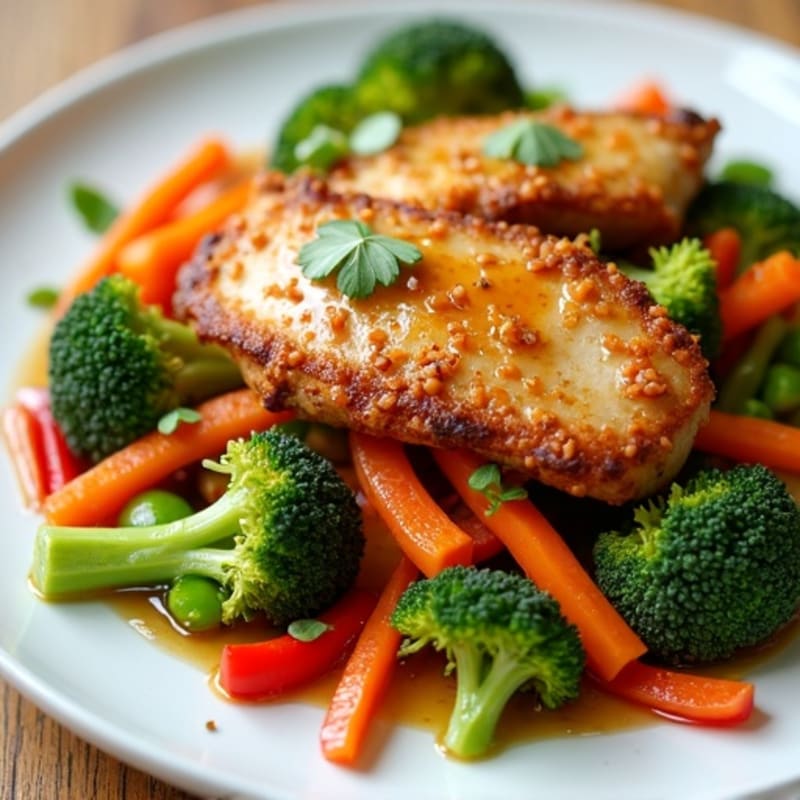 Crispy Chicken and Fresh Vegetable Stir-Fry with Sesame Ginger Sauce