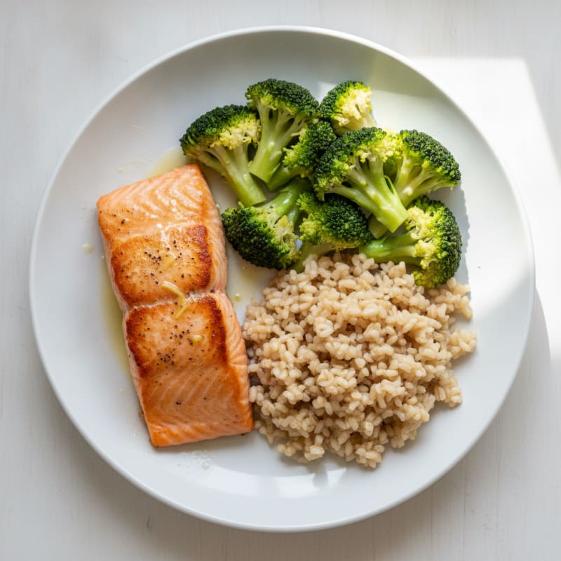 Seared Salmon with Steamed Broccoli and Brown Rice