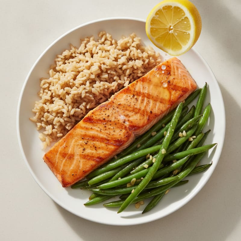 Seared Salmon with Garlic Green Beans and Brown Rice