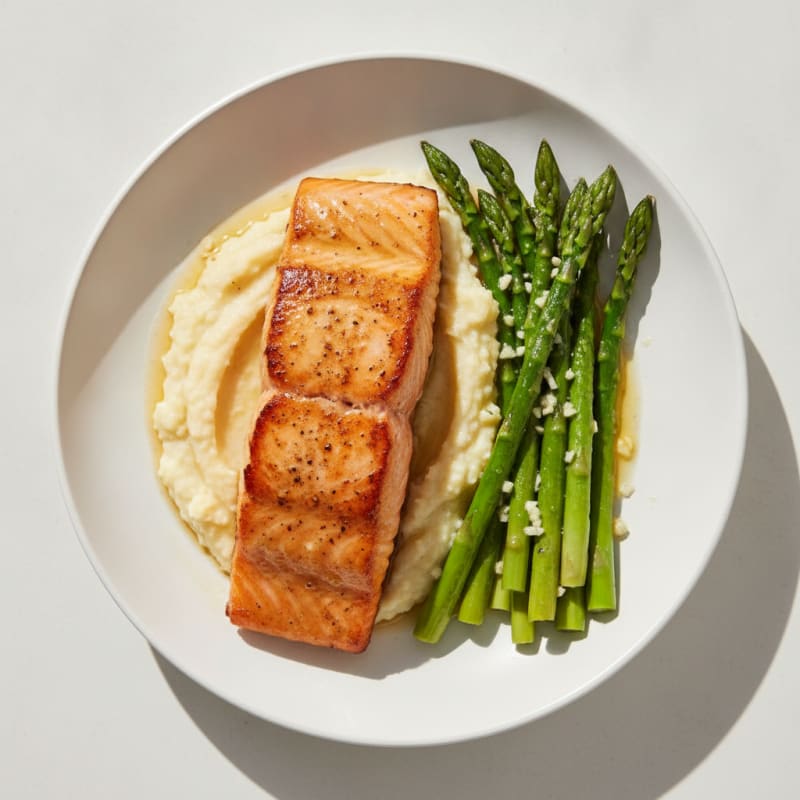 Seared Salmon with Lemon Asparagus and Cauliflower Mash