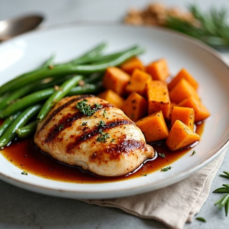 Tender Balsamic Chicken with Roasted Sweet Potatoes and Green Beans
