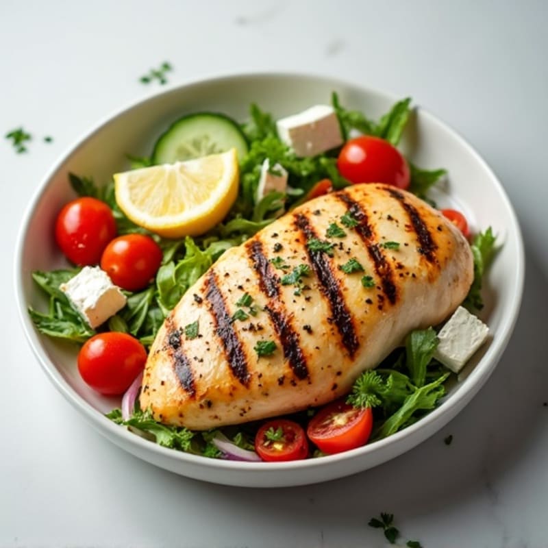 Lemon-Herb Grilled Chicken with Fresh Feta Vegetable Salad