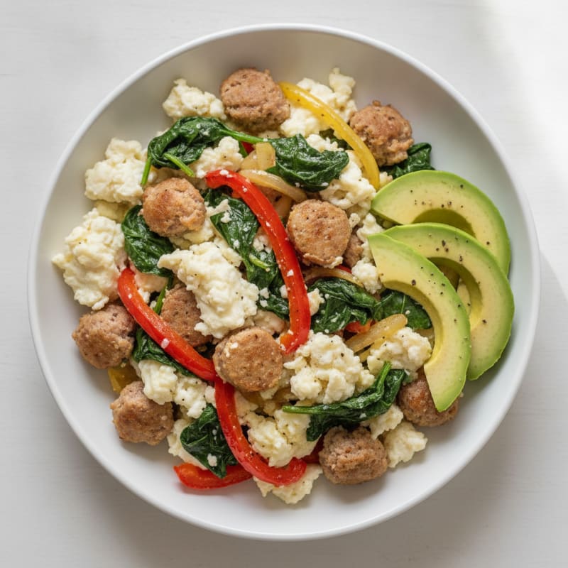 Egg White and Turkey Sausage Scramble with Sautéed Spinach