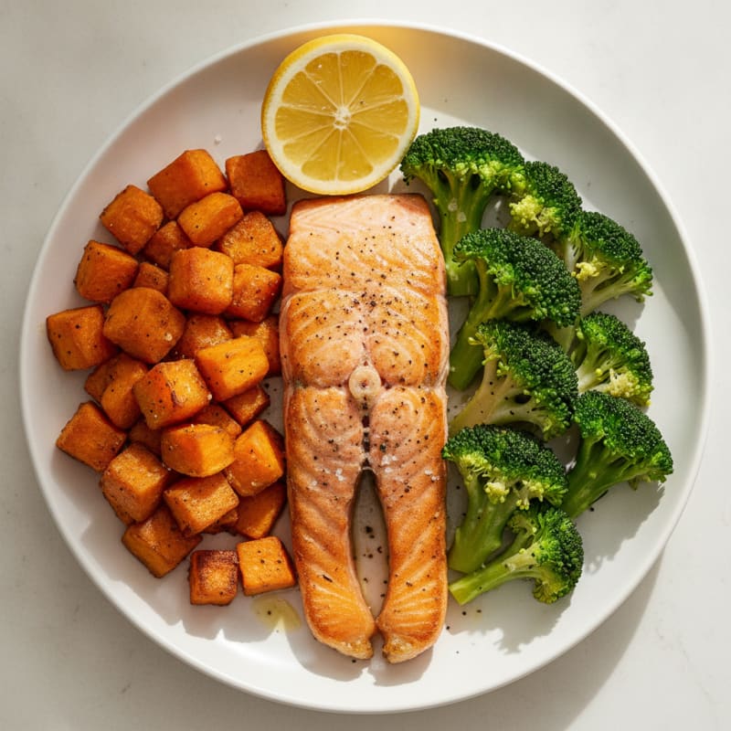 Seared Salmon with Roasted Sweet Potatoes and Steamed Broccoli