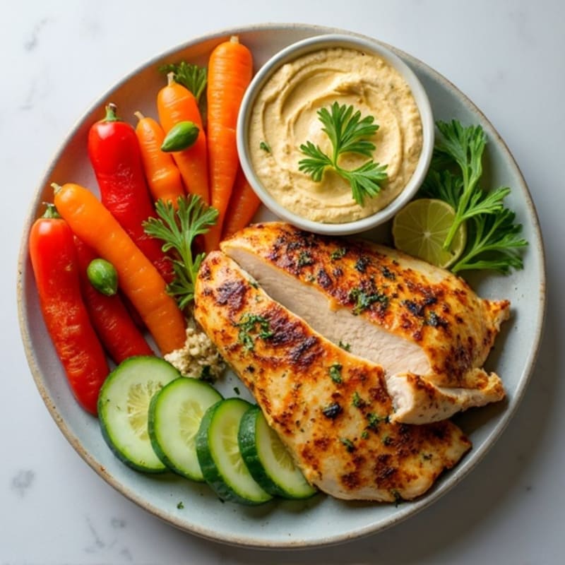 Herb-Marinated Chicken Platter with Creamy Hummus and Crisp Vegetables