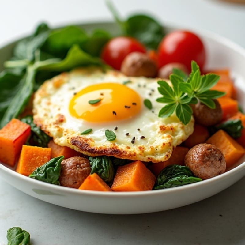 Egg White and Turkey Sausage Scramble with Spinach and Roasted Sweet Potatoes