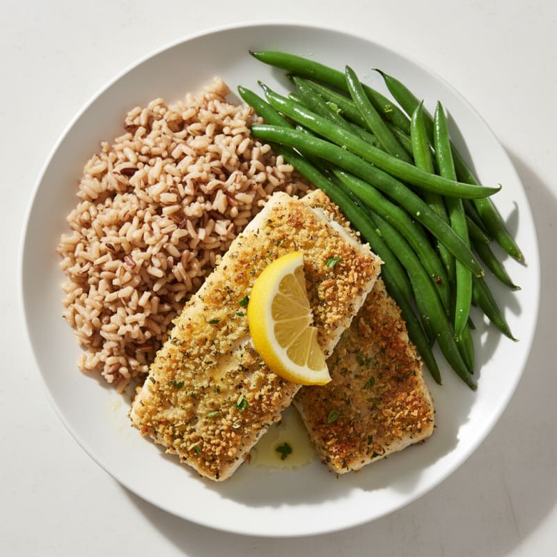 Seared Herb-Crusted Cod with Steamed Green Beans and Brown Rice