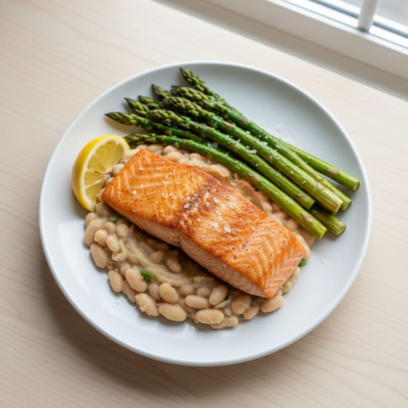 Seared Salmon Fillet with Creamy White Bean Mash and Roasted Asparagus