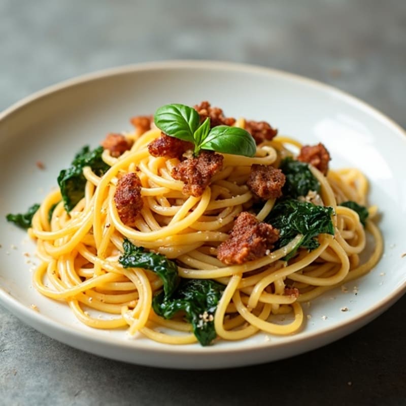 Whole Wheat Spaghetti with Crispy Pancetta, Fresh Spinach, and Creamy Egg Sauce