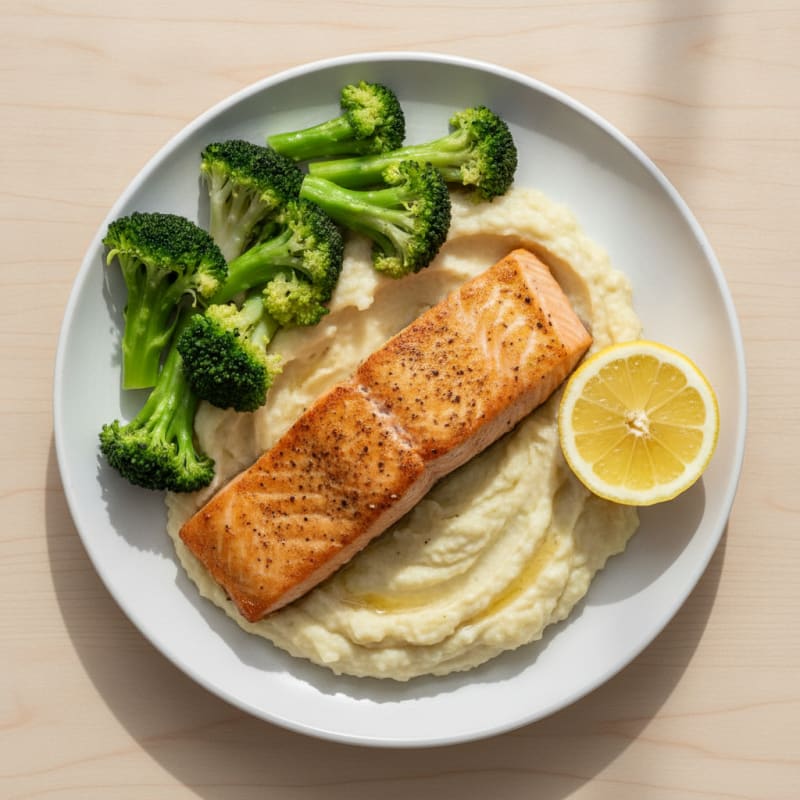 Seared Salmon Fillet with Creamy Garlic Cauliflower Mash and Steamed Broccoli