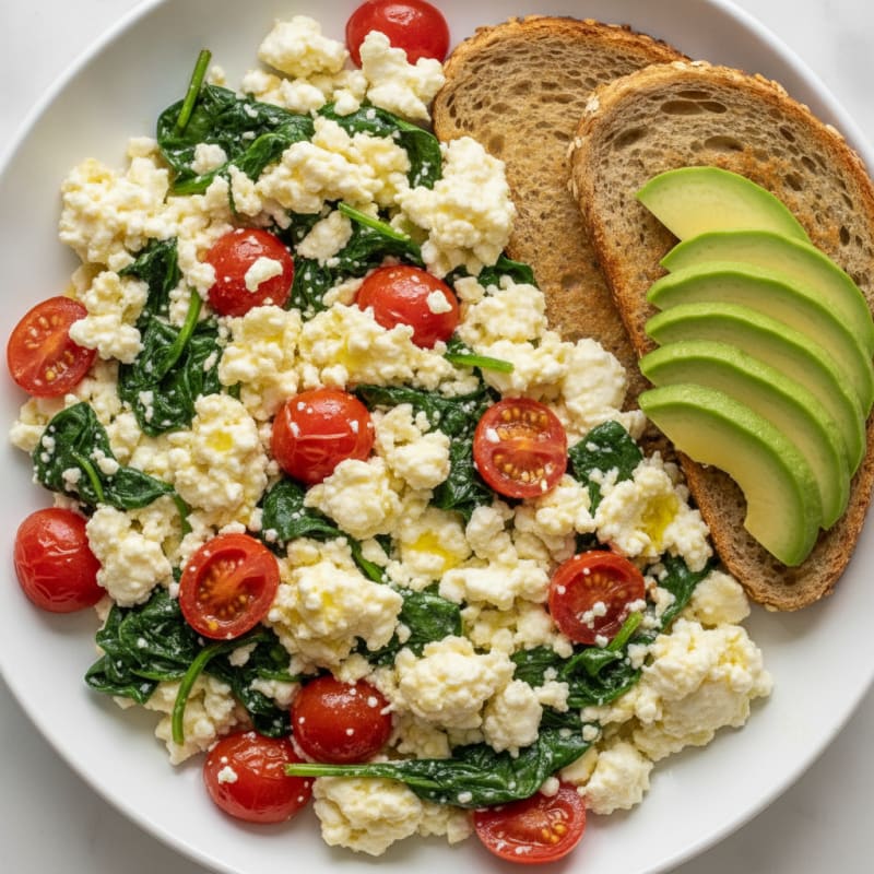 Egg White and Cottage Cheese Scramble with Spinach and Cherry Tomatoes