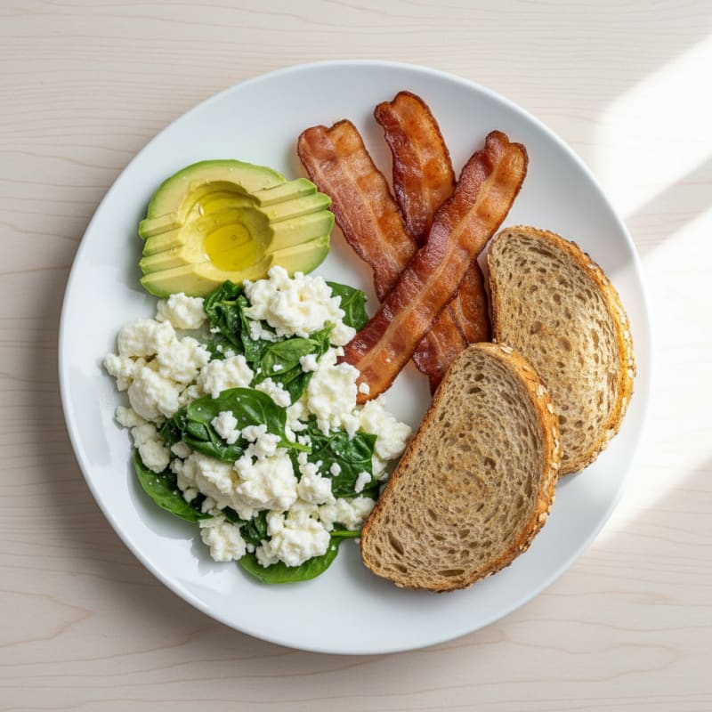 Egg White Spinach Scramble with Cottage Cheese and Turkey Bacon