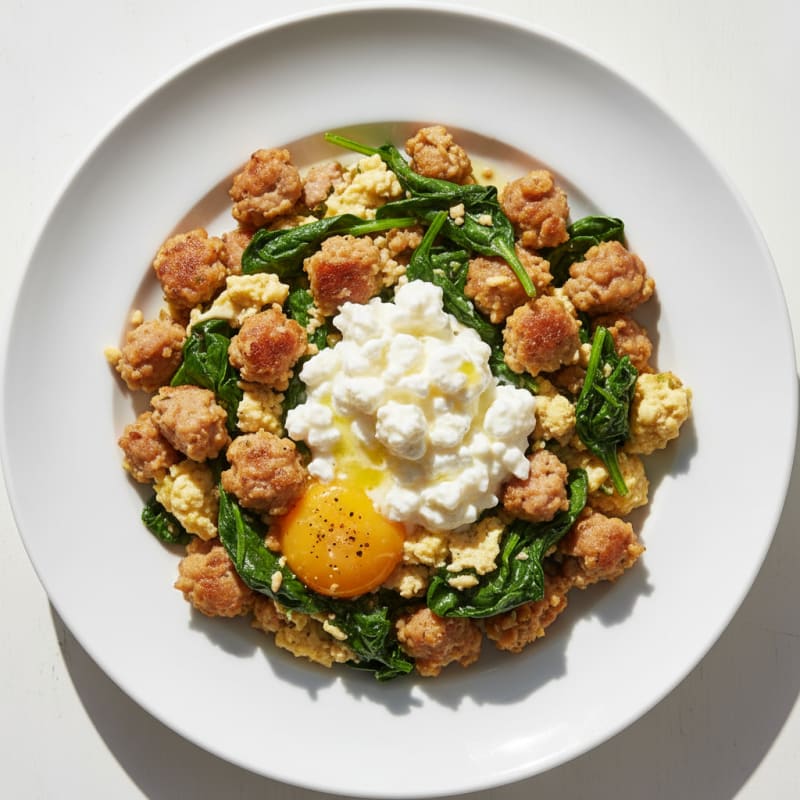 Egg White and Turkey Sausage Scramble with Cottage Cheese and Sautéed Spinach