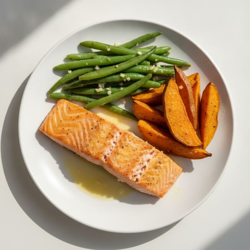 Seared Salmon with Garlic Green Beans and Roasted Sweet Potato