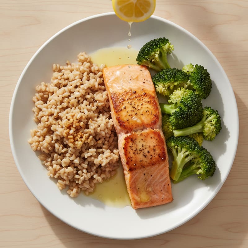 Seared Salmon with Steamed Broccoli and Garlic Brown Rice
