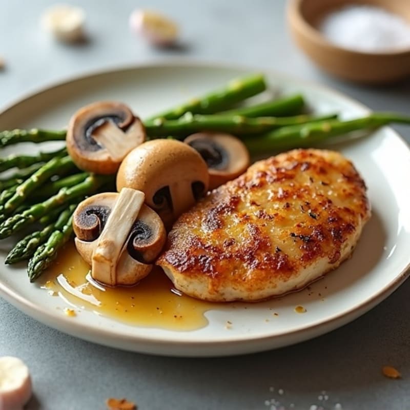 Crispy Pan-Seared Chicken with Silky Garlic Butter Mushrooms and Tender Steamed Asparagus