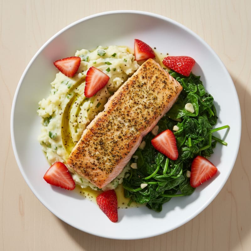Herb-Seared Salmon with Garlic Mashed Potatoes and Sautéed Spinach