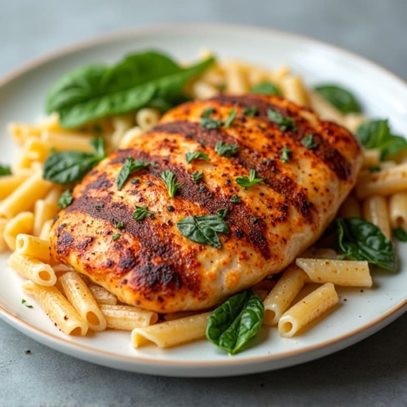 Healthy Spicy Blackened Chicken with Creamy Pasta