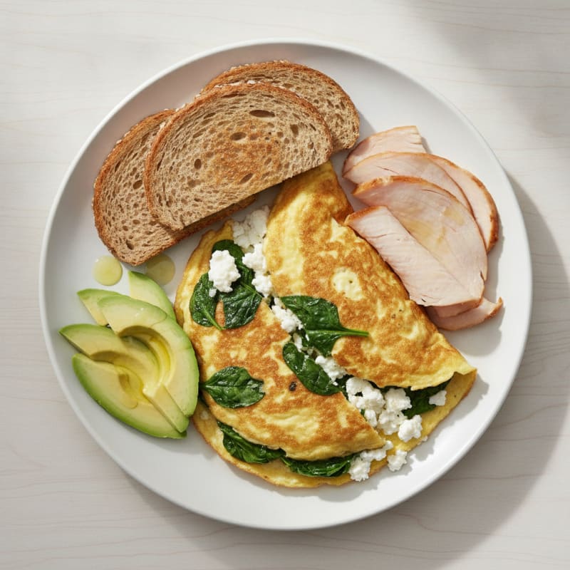 Egg White Spinach Omelette with Cottage Cheese and Sliced Turkey