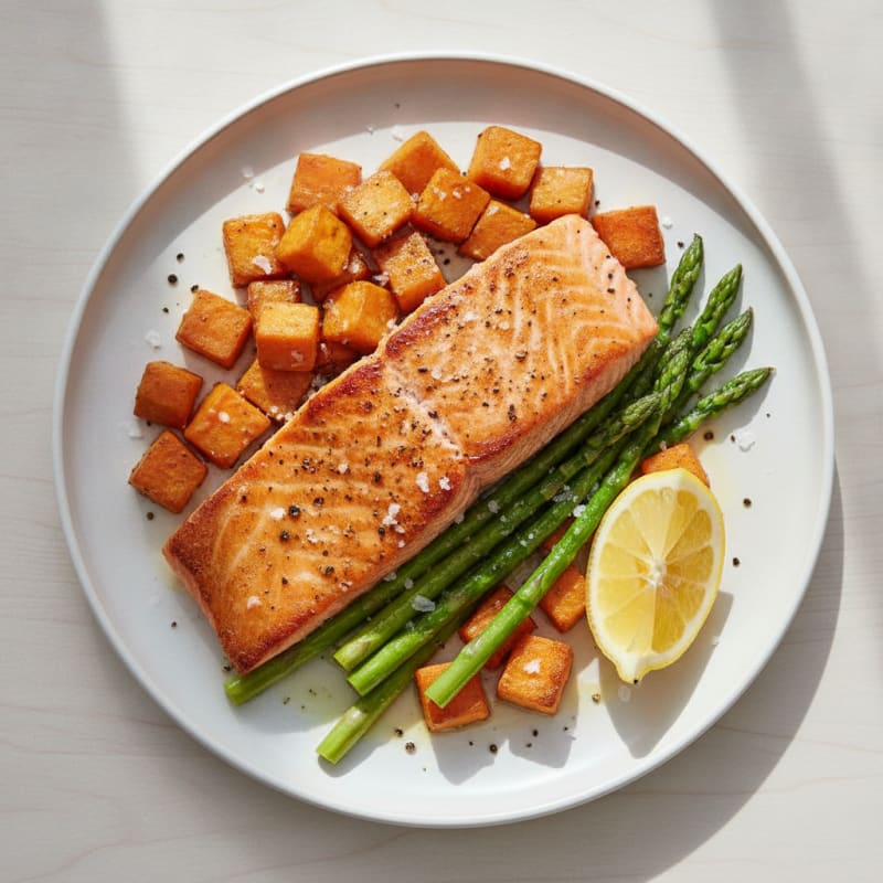 Seared Salmon Fillet with Roasted Sweet Potato and Asparagus