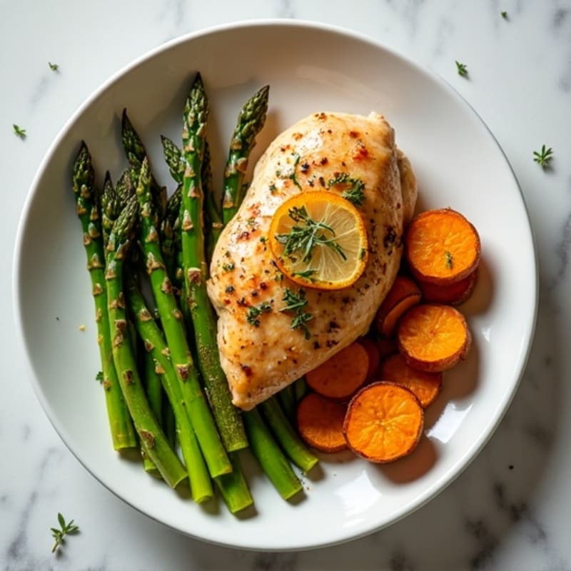 Lemon-Herb Roasted Chicken with Crispy Asparagus and Sweet Potatoes