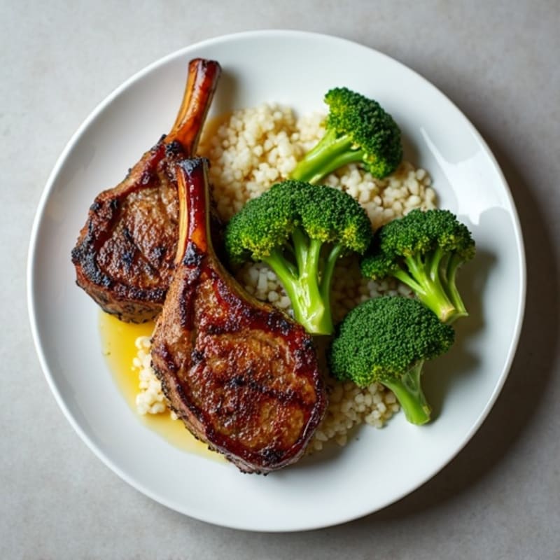 Grilled Lamb Chops with Steamed Broccoli and Cauliflower Rice