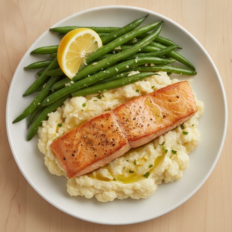 Seared Salmon with Steamed Green Beans and Garlic Mashed Cauliflower