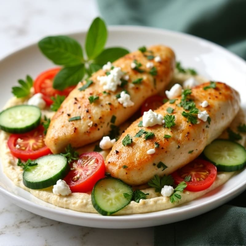 Lemon Herb Roasted Chicken with Creamy Hummus, Feta, and Crunchy Cucumber Tomato Salad