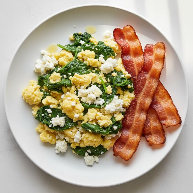 Cottage Cheese Egg Scramble with Spinach and Turkey Bacon