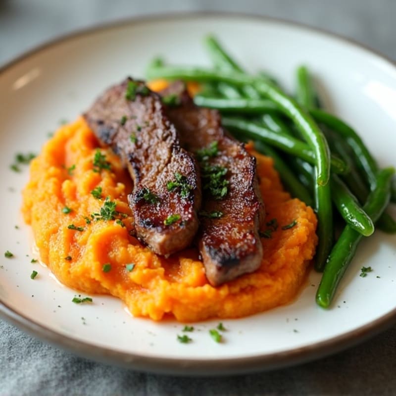 Seared Lean Beef Strips with Steamed Green Beans and Sweet Potato Mash