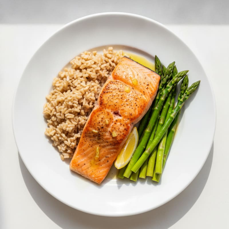 Seared Salmon Fillet with Steamed Asparagus and Brown Rice