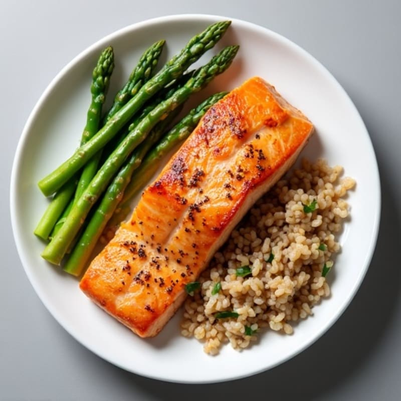 Seared Salmon with Steamed Asparagus and Brown Rice