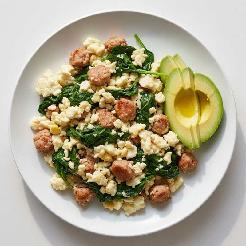 Scrambled Egg Whites with Turkey Sausage and Sautéed Spinach